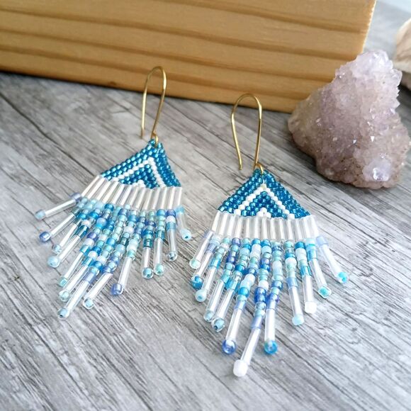 Boho Chic Beaded Cascade Fringe Dangle Earrings, Seed Bead Jewelry 3" - Picture 1 of 8